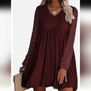 Kirundo. Women's Burgandy Long Sleeve Midi Dress with swiss dots. Size XS. NWT.